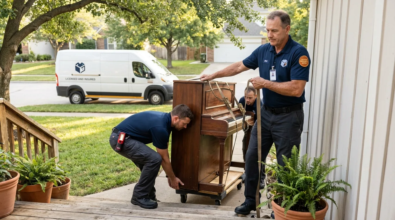 Licensed piano movers securing grand piano in Hesperia, CA