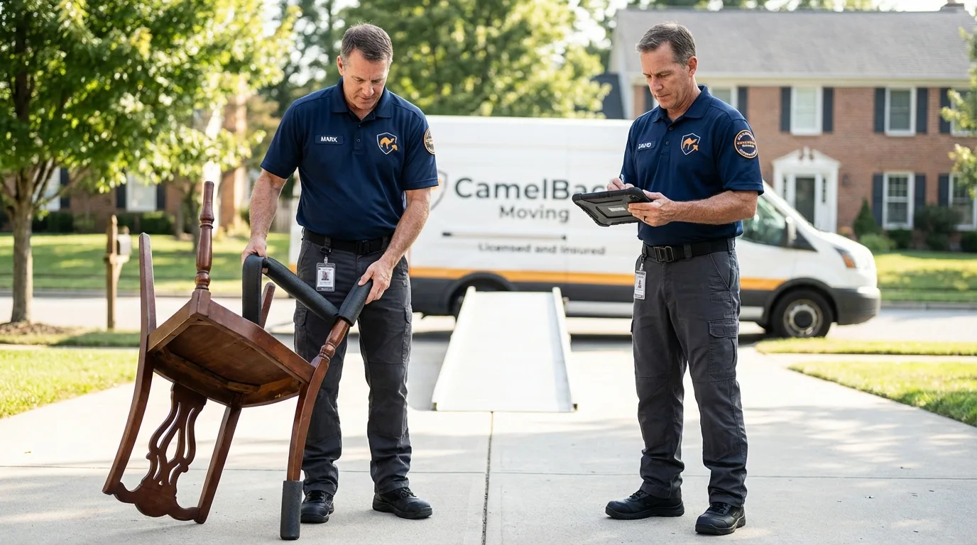 Movers inspecting furniture for damage prevention before loading in Hesperia, CA