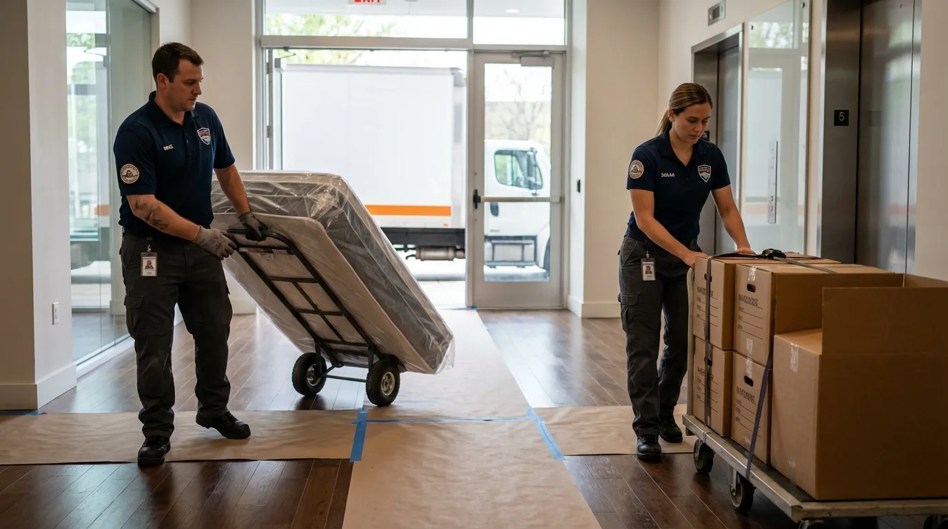 Professional apartment movers loading elevator in Hesperia, CA