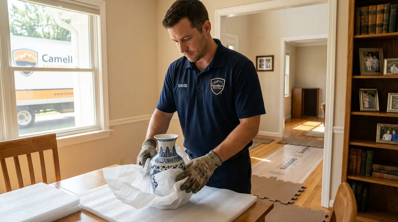 Professional crew carefully wrapping antique vase for senior downsizing move in Hesperia, CA